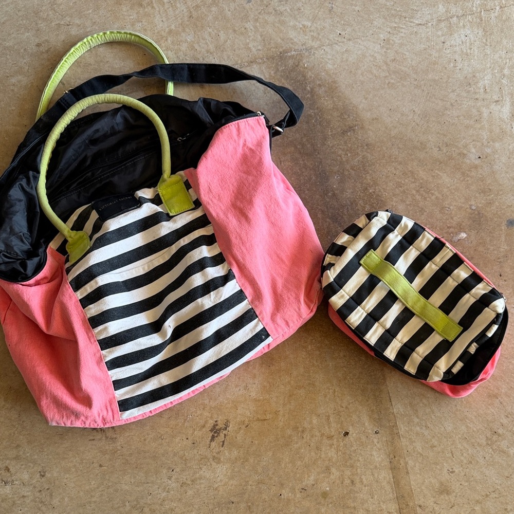 VS Stylish Pink and Black Striped Women's Bag Set